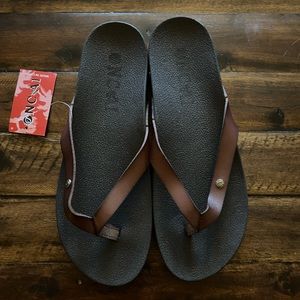 Flip flops with brown leather straps